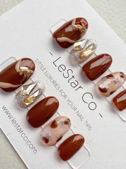 Reusable Chocolate Brown Rhinestone Premium Short Press on Nails Gel | Fake Nails | Hand painted faux nails XWZ136 Lestarco