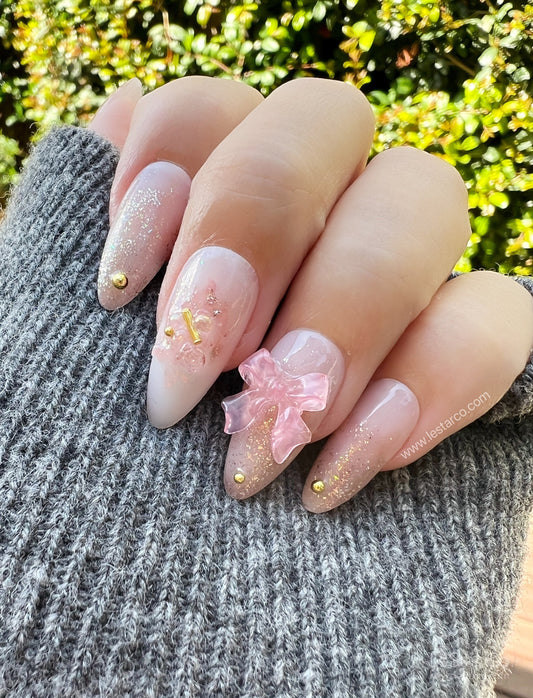 Reusable Pink Crystal and Bow Color Changes under sun | Premium Press on Nails Gel Manicure | Fake Nails | Handmade | Lestarco 153zz
