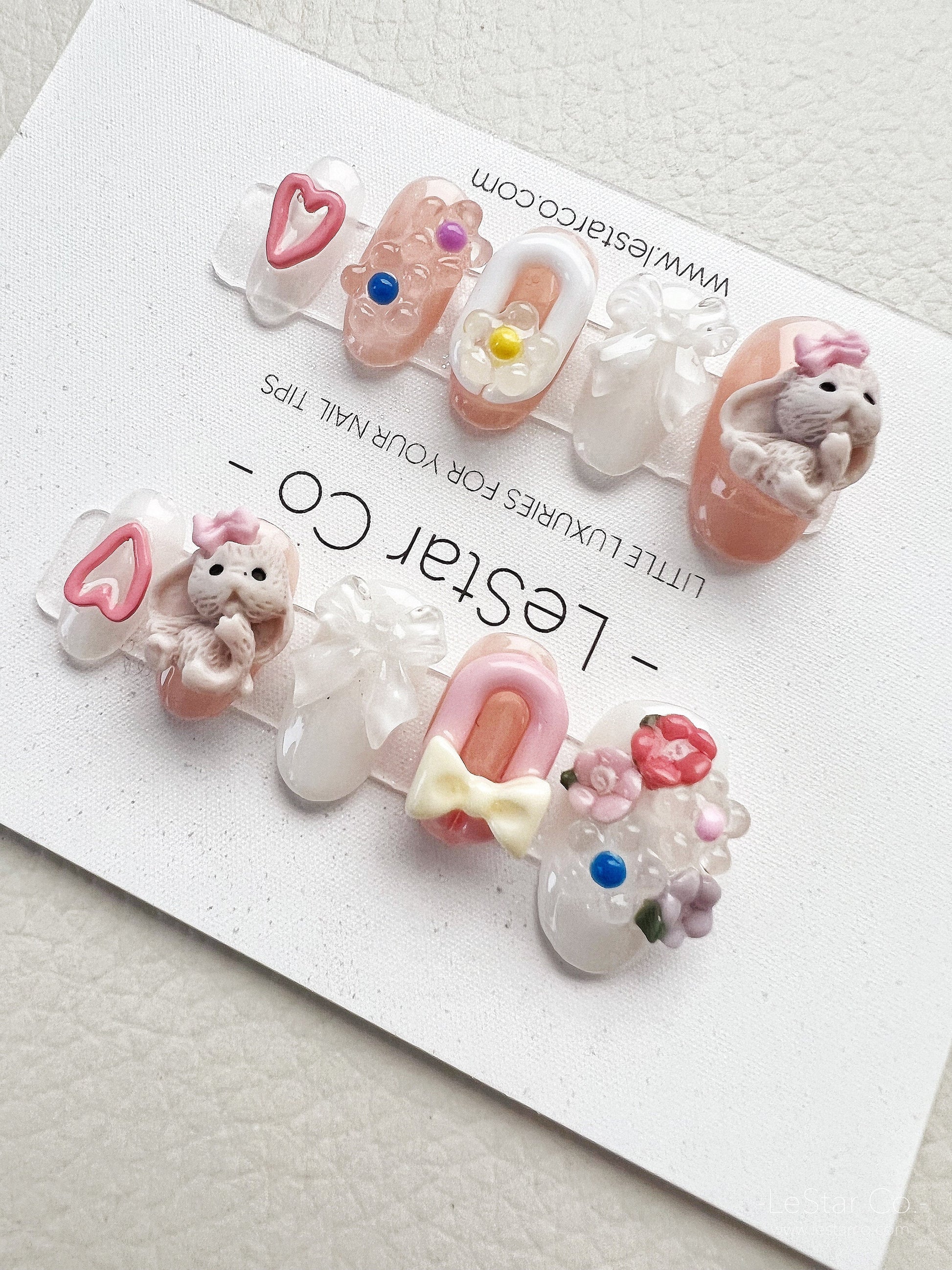 Reusable Easter Bunny Premium Short Press on Nails Gel | Fake Nails | Hand painted faux nails mj152 Lestarco