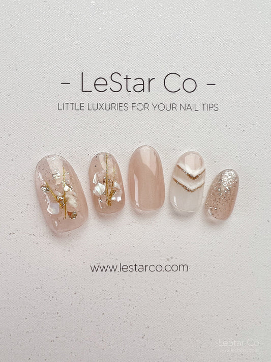 Reusable Nude with Gold foil Nails Premium Short Press on Nails Gel Manicure | Fake Nails | Handmade | Lestarco faux nails XWZ170