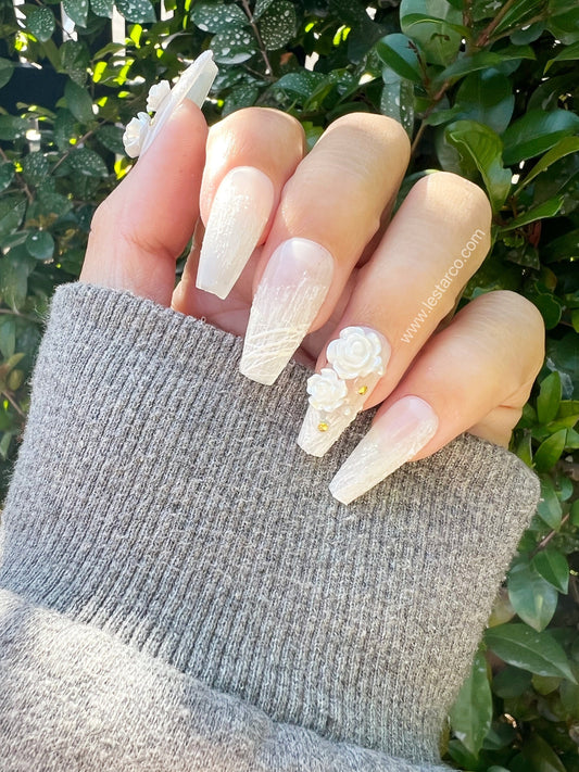 Reusable White Rosa Alba  | Premium Press on Nails Gel | Fake Nails | Cute Fun Colorful Colorful Gel Nail Artist faux nails XWZ183