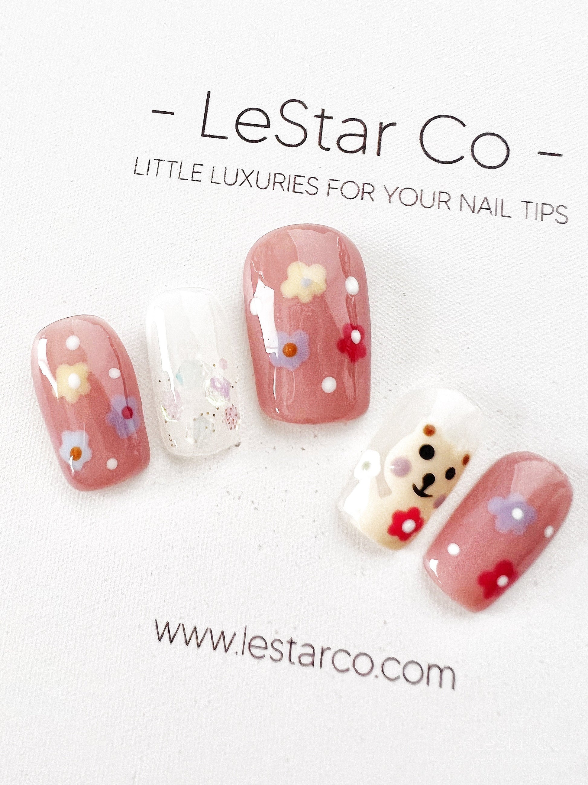 Reusable Cute Flower Bear Premium Press on Nails Gel Manicure | Fake Nails | Handmade | Lestarco faux nails XWZ196