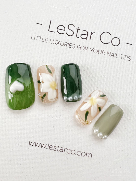Reusable So Fresh Green Spring Flower Premium Press on Nails Gel Manicure | Fake Nails | Handmade | Lestarco faux nails XWZ201