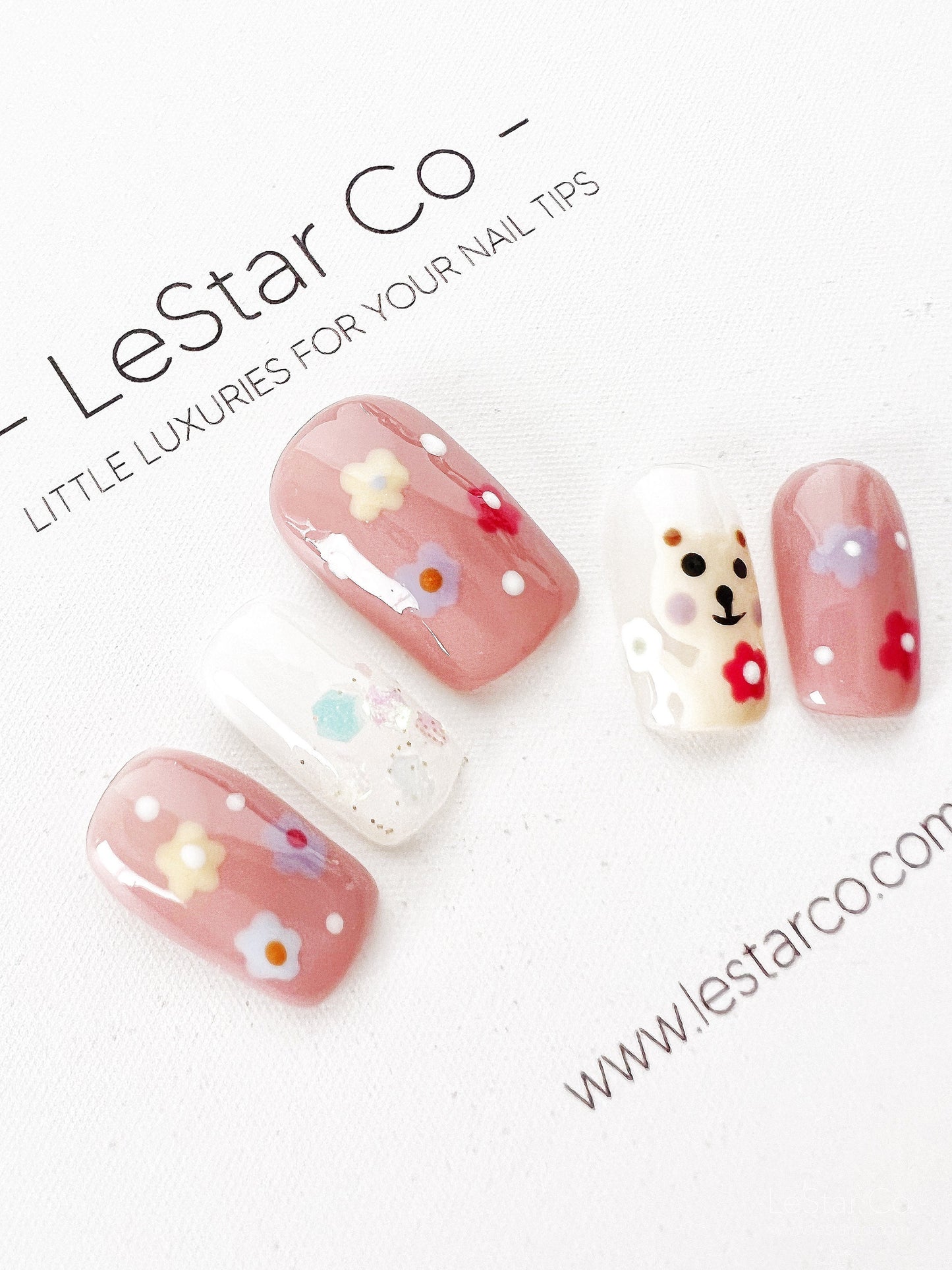 Reusable Cute Flower Bear Premium Press on Nails Gel Manicure | Fake Nails | Handmade | Lestarco faux nails XWZ196