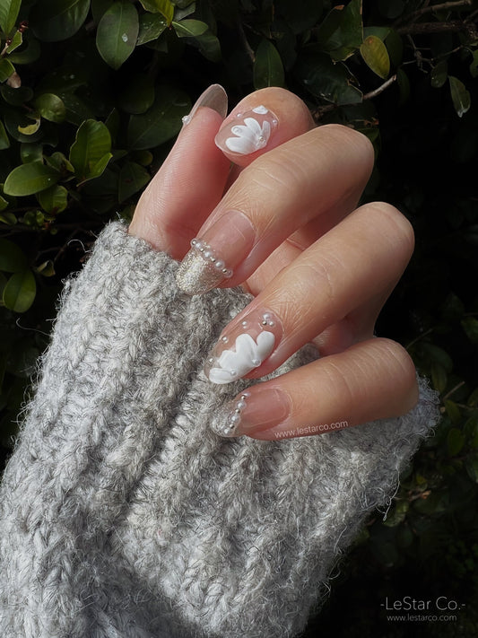 Reusable White Flower Pearl | Premium Press on Nails Gel | Fake Nails | Cute Fun Colorful Colorful Gel Nail Artist faux nails xx203
