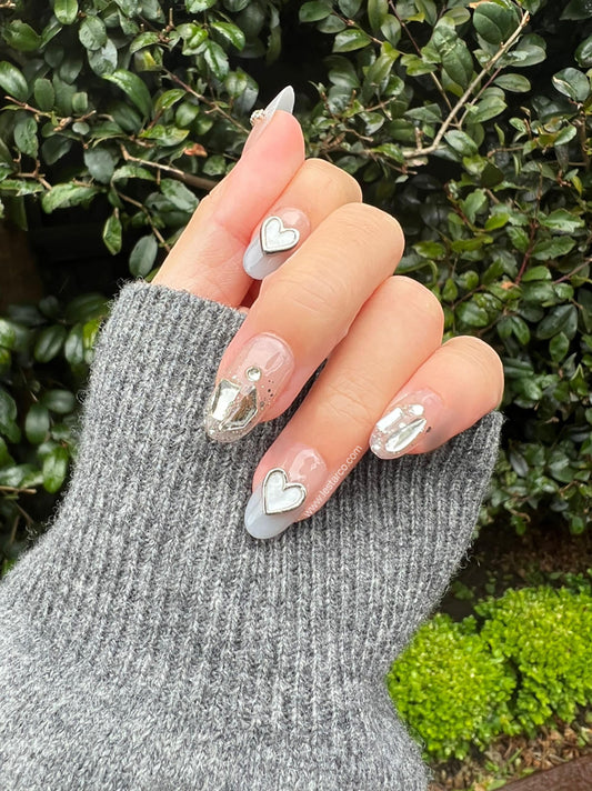 Reusable Grey and Silver Heart | Premium Press on Nails Gel | Fake Nails | Cute Fun Colorful Colorful Gel Nail Artist faux nails xx216
