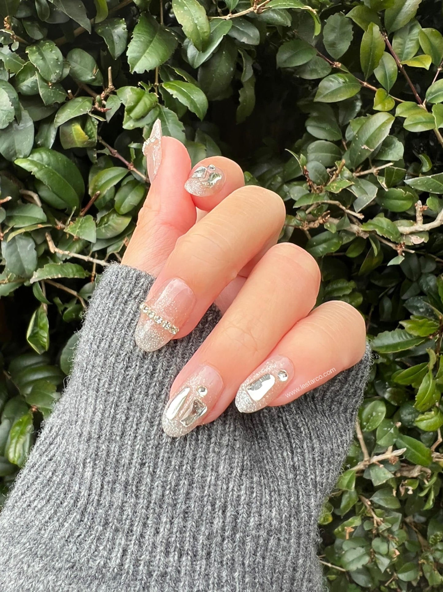 Reusable Grey and Silver Heart | Premium Press on Nails Gel | Fake Nails | Cute Fun Colorful Colorful Gel Nail Artist faux nails xx218