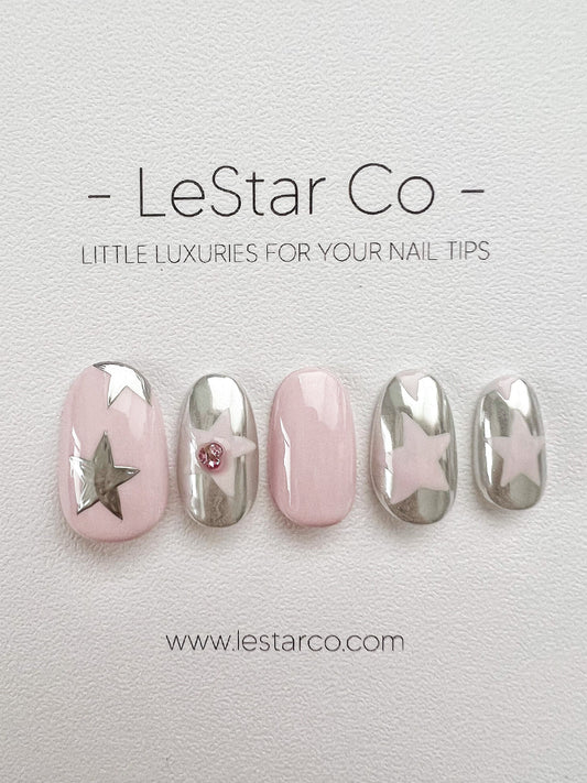 Reusable Sliver Star Nails Premium Short Press on Nails Gel Manicure | Fake Nails | Handmade | Lestarco faux nails ML233