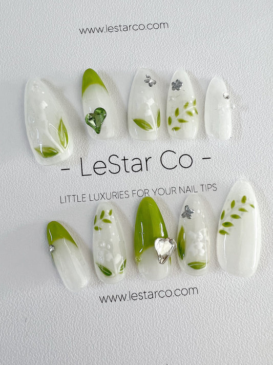 Reusable Lily of The Valley Premium Short Press on Nails Gel Manicure | Fake Nails | Handmade | Lestarco faux nails xwz238