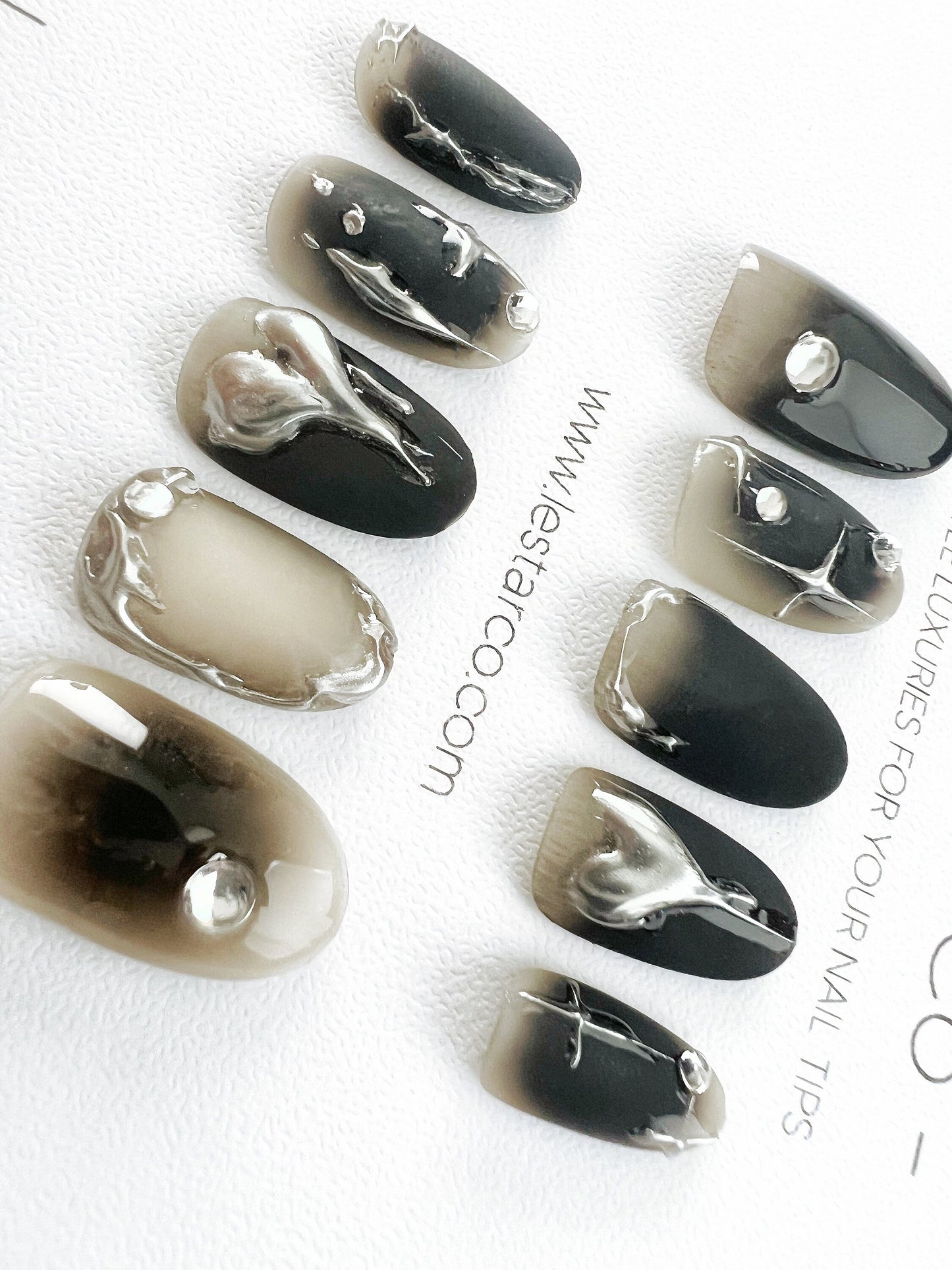 Reusable Black Night Silver Star | Premium Press on Nails Gel | Fake Nails | Cute Fun Colorful Gel Nail Artist faux nails TT272