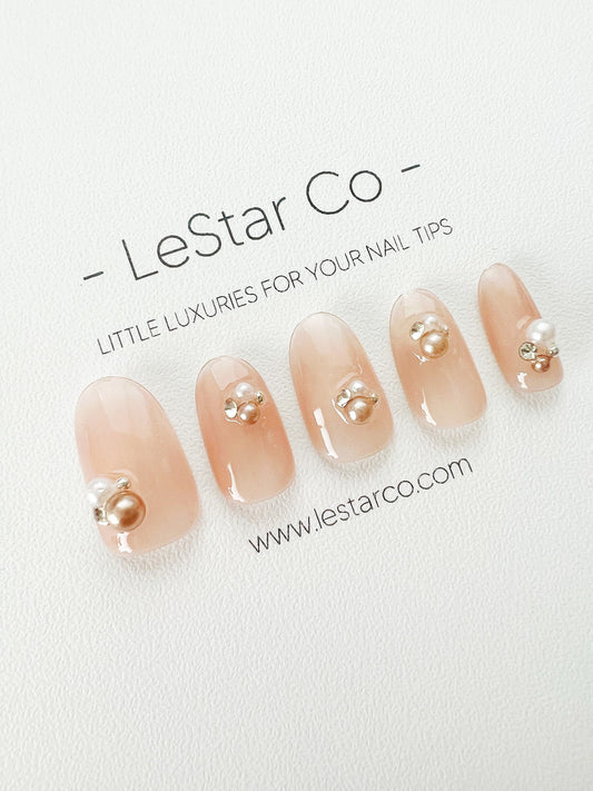 Reusable Nude Pink with Pearl | Premium Press on Nails Gel | Fake Nails | Cute Fun Colorful Gel Nail Artist faux nails TT275