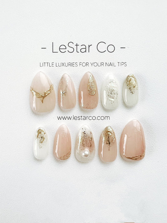 Reusable Nude and Pearl | Premium Press on Nails Gel | Fake Nails | Cute Fun Colorful Gel Nail Artist faux nails ML 287