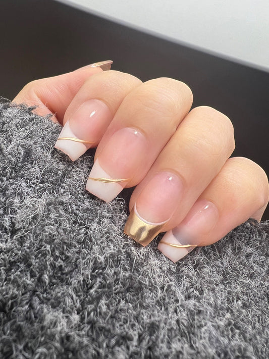 Reusable Gold French Tip | Premium Press on Nails Gel | Fake Nails | Cute Fun Colorful Gel Nail Artist faux nails BB330