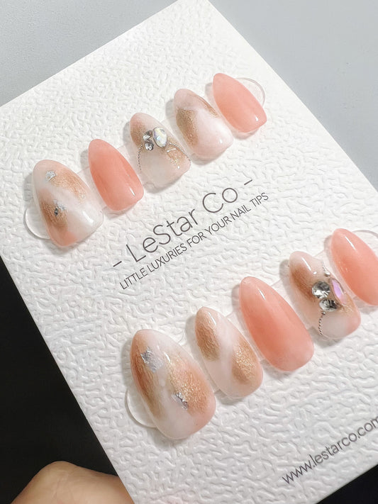 Reusable Golden Coral | Premium Press on Nails Gel | Fake Nails | Cute Fun Colorful Gel Nail Artist faux nails ML325