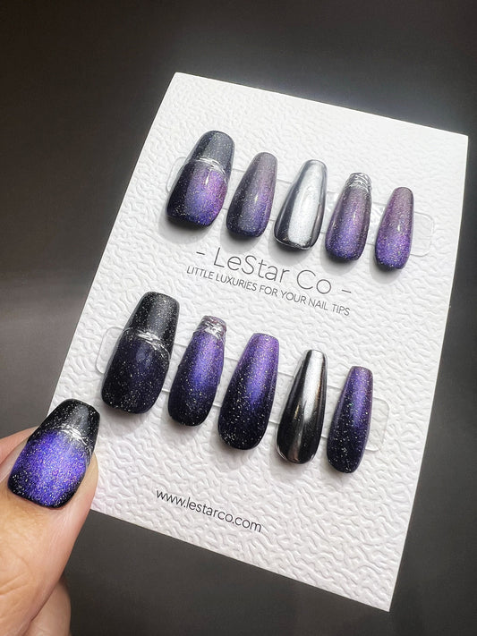 Reusable The Purple Universe Cat-Eye Effect | Premium Press on Nails Gel | Fake Nails | Cute Fun Colorful Gel Nail Artist faux nails TMR369