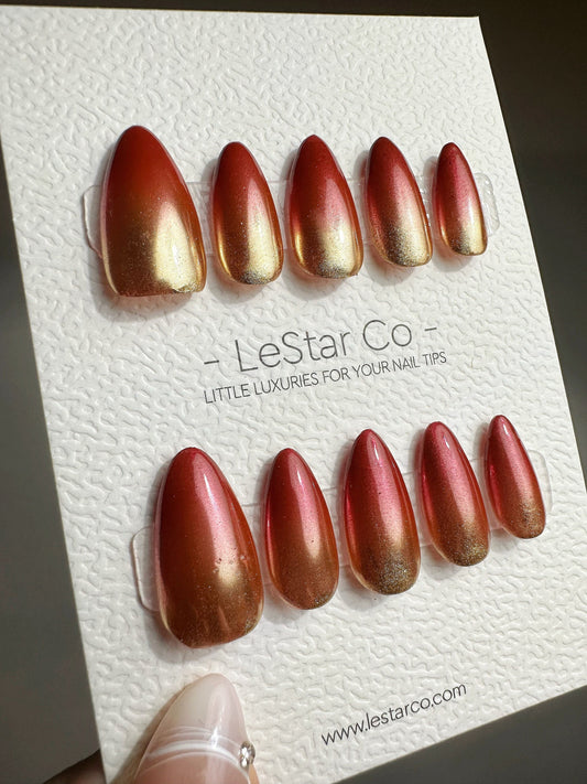 Reusable True Story Red Gold Ombre| Premium Press on Nails Gel | Fake Nails | Cute Fun Colorful Gel Nail Artist faux nails TMR412