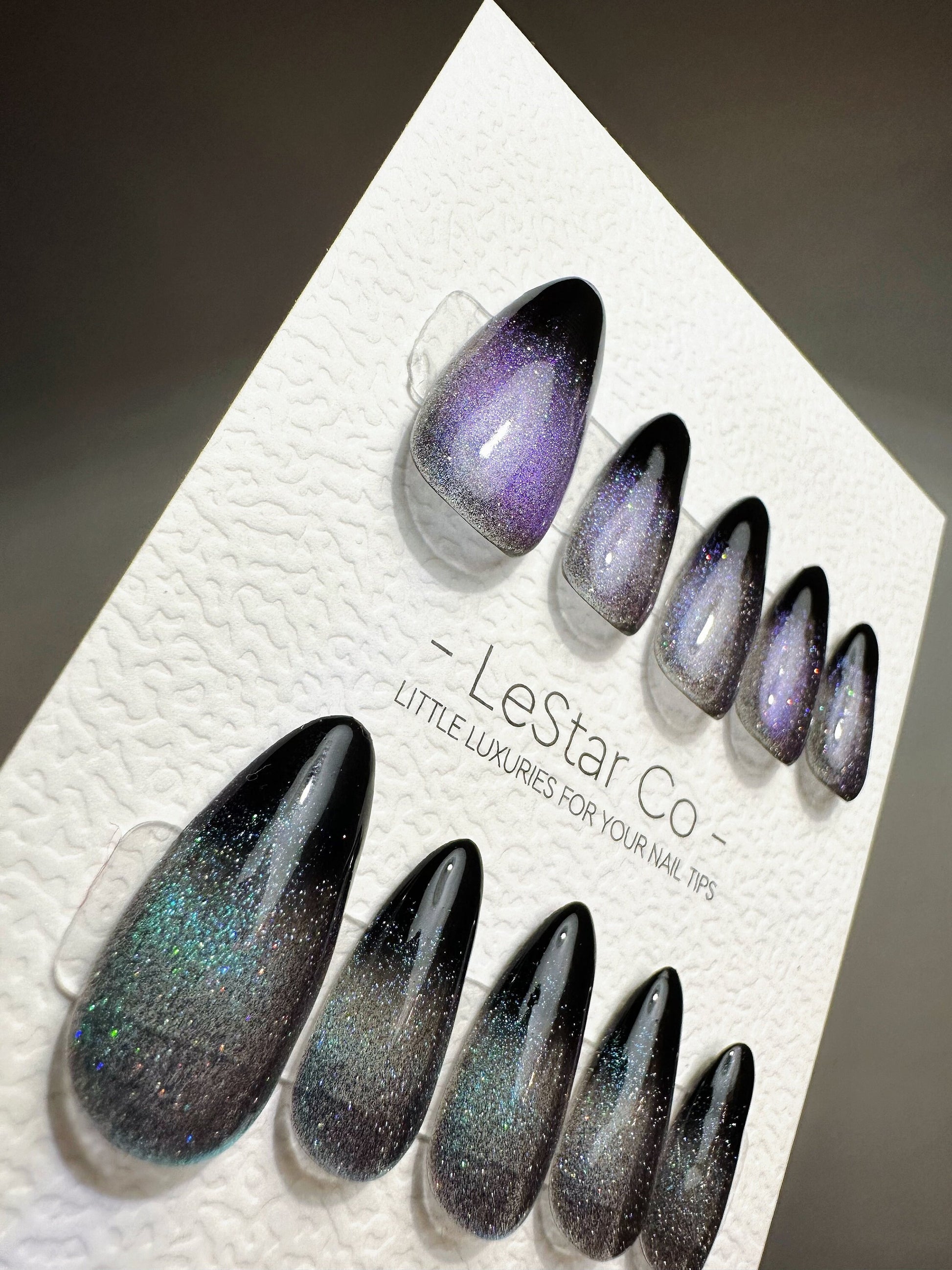 Reusable Never Mind Black Ombre Purple Green Cat Eye Effect| Premium Press on Nails Gel | Fake Nails | Gel Nail Artist faux nails TMR413