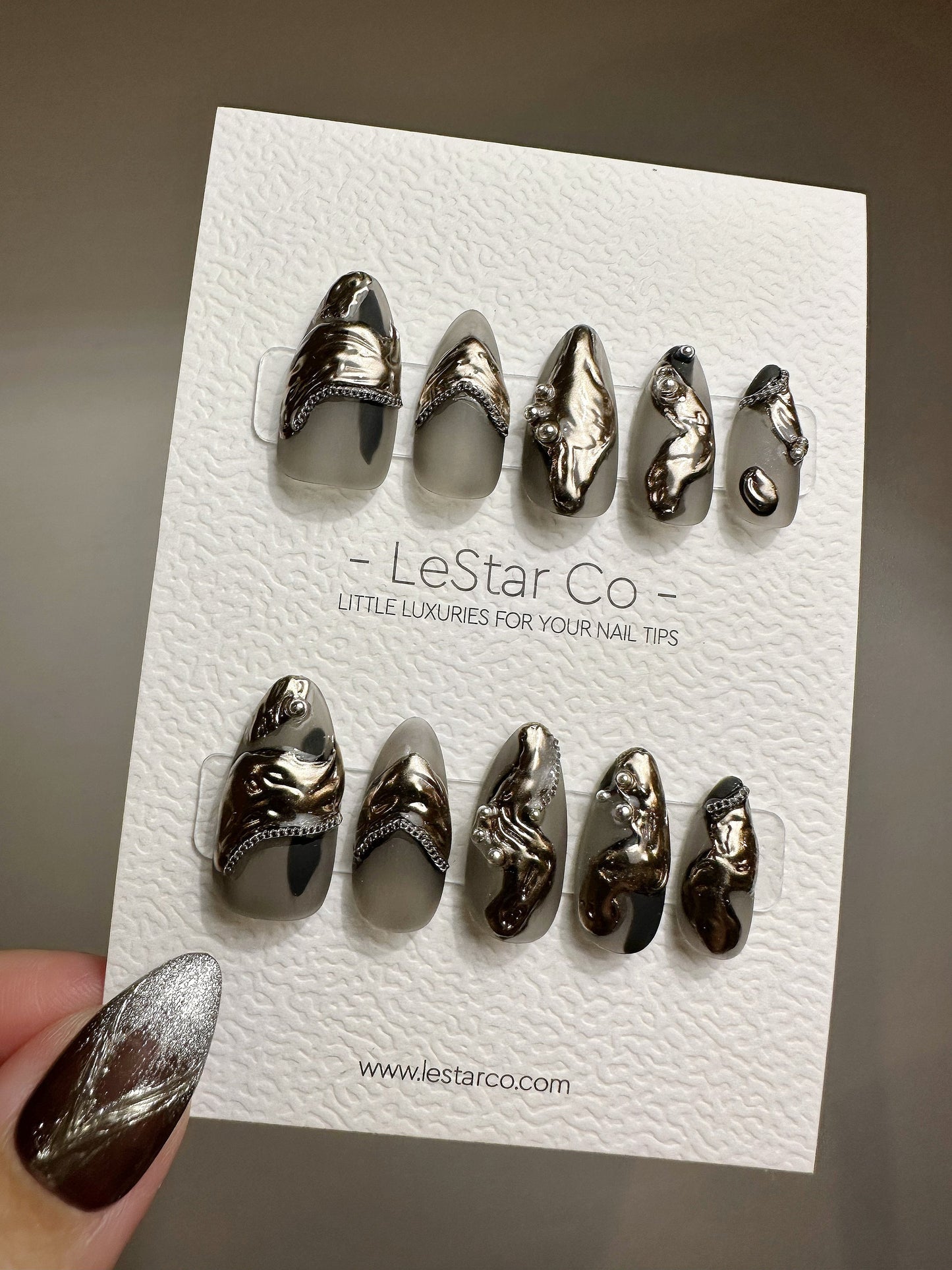Reusable Cold Rock Matte Black Chrome Silver| Premium Press on Nails Gel | Fake Nails | Cute Fun Colorful Gel Nail Artist faux nails TT266