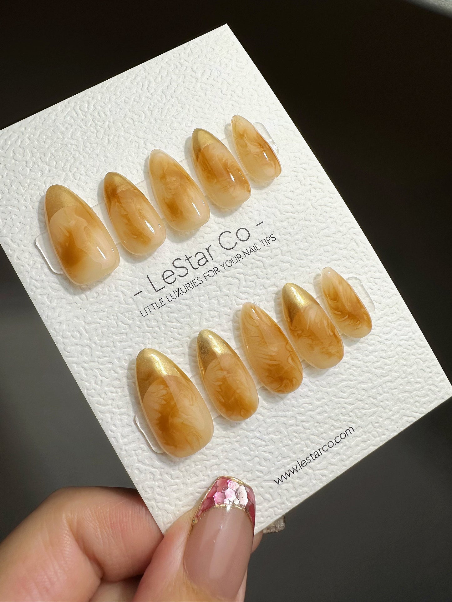 Reusable Caramel Amber Waves Gold French Tip | Premium Press on Nails Gel | Fake Nails | Cute Fun Colorful Gel Nail Artist faux nails QN448