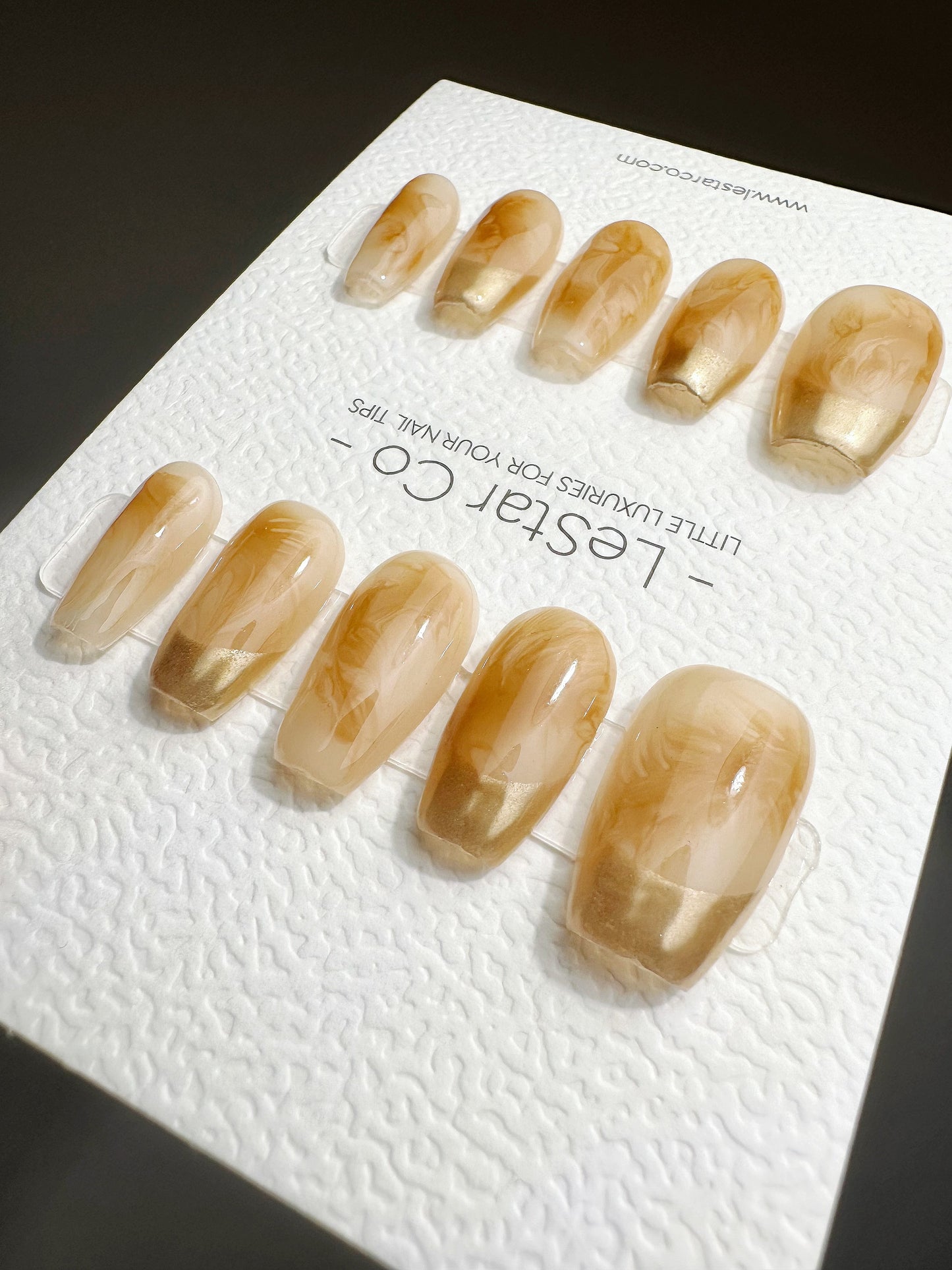 Reusable Caramel Amber Waves Gold French Tip | Premium Press on Nails Gel | Fake Nails | Cute Fun Colorful Gel Nail Artist faux nails QN448