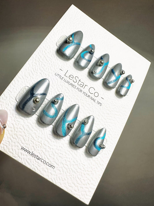 Reusable Replay Silver Chrome Blue Cat Eye | Premium Press on Nails Gel | Fake Nails | Cute Fun Colorful Gel Nail Artist faux nails QN414