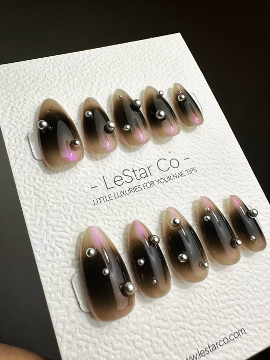 Reusable Shadow Dance Black Brown Ombre Sliver Studs Purple Aurora | Premium Press on Nails Gel | Fake Nails | faux nails QN425