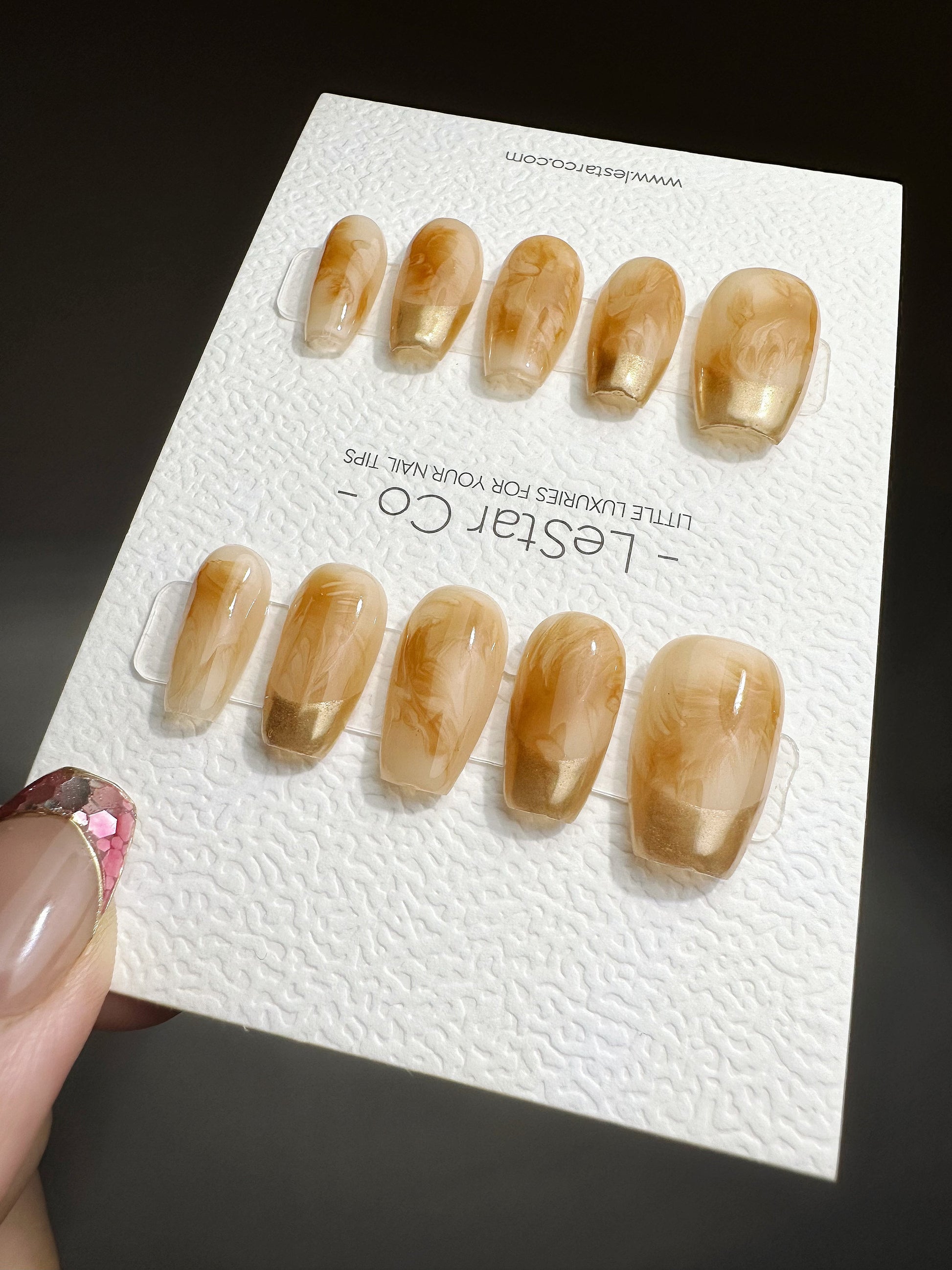 Reusable Caramel Amber Waves Gold French Tip | Premium Press on Nails Gel | Fake Nails | Cute Fun Colorful Gel Nail Artist faux nails QN448