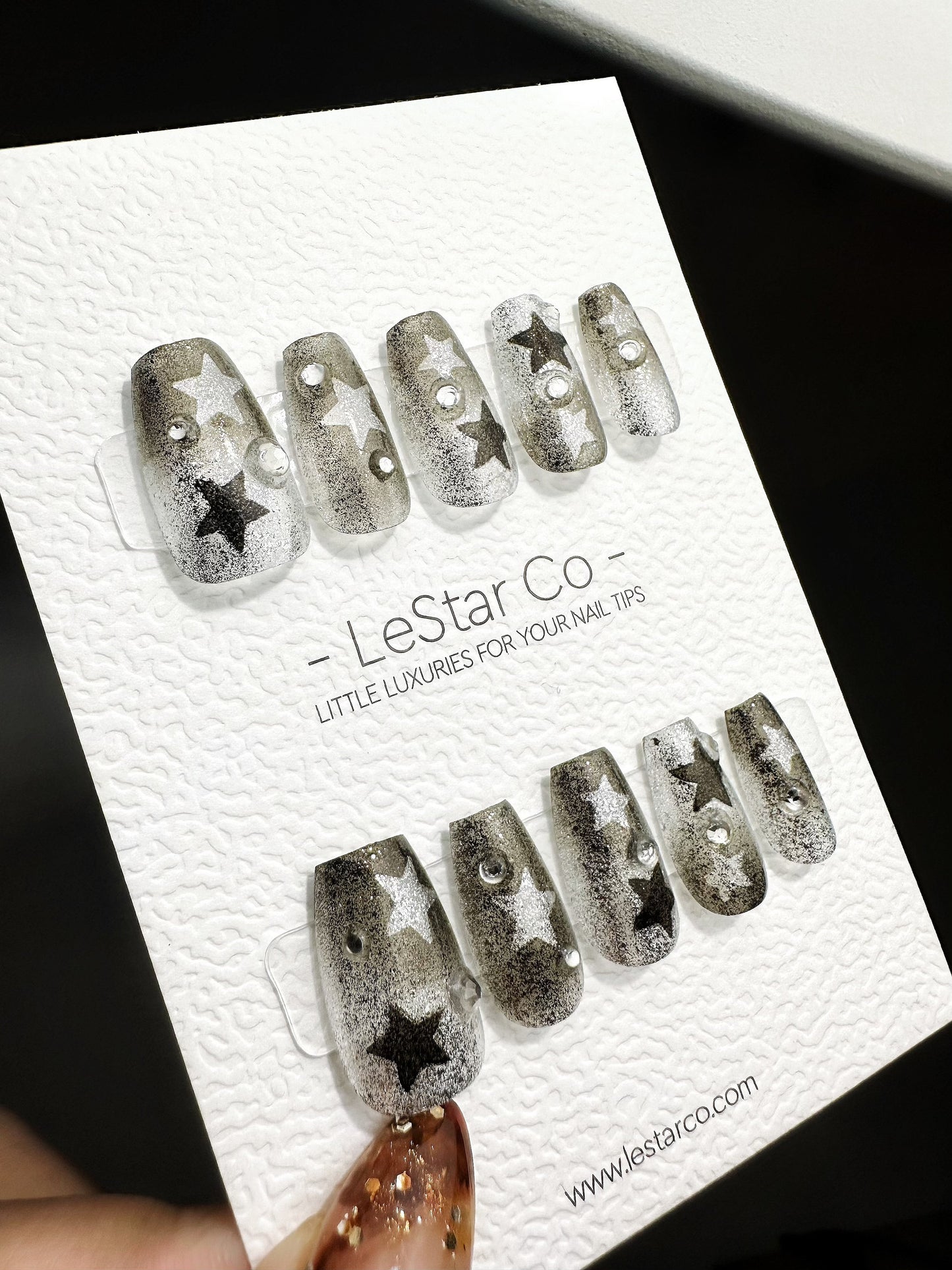 Reusable Galactic Allure Black Stars | Premium Press on Nails Gel | Fake Nails | Cute Fun Colorful Gel Nail Artist faux nails QN461