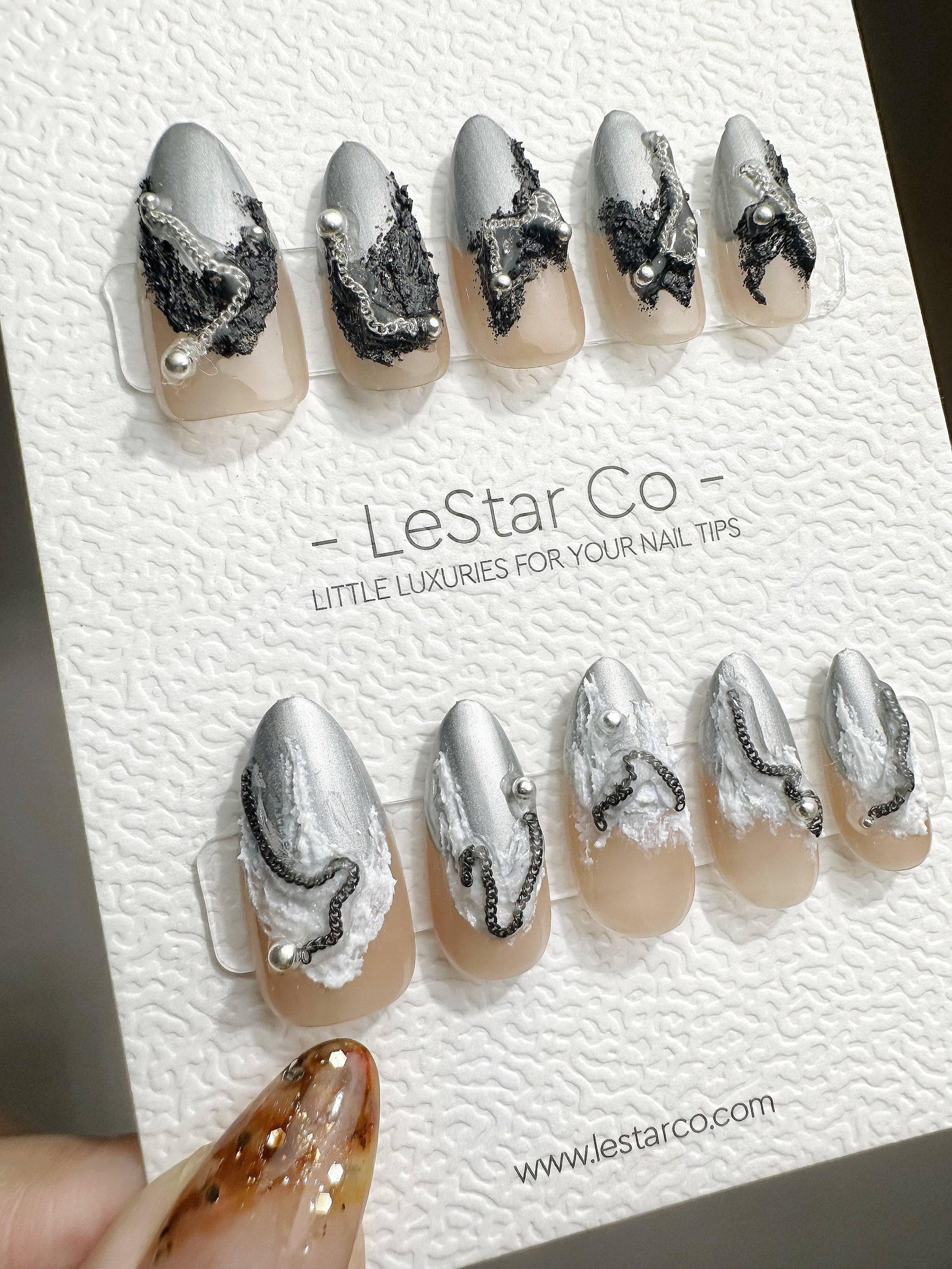 Reusable Silver Serenity | Premium Press on Nails Gel | Fake Nails | Cute Fun Colorful Gel Nail Artist faux nails QN465