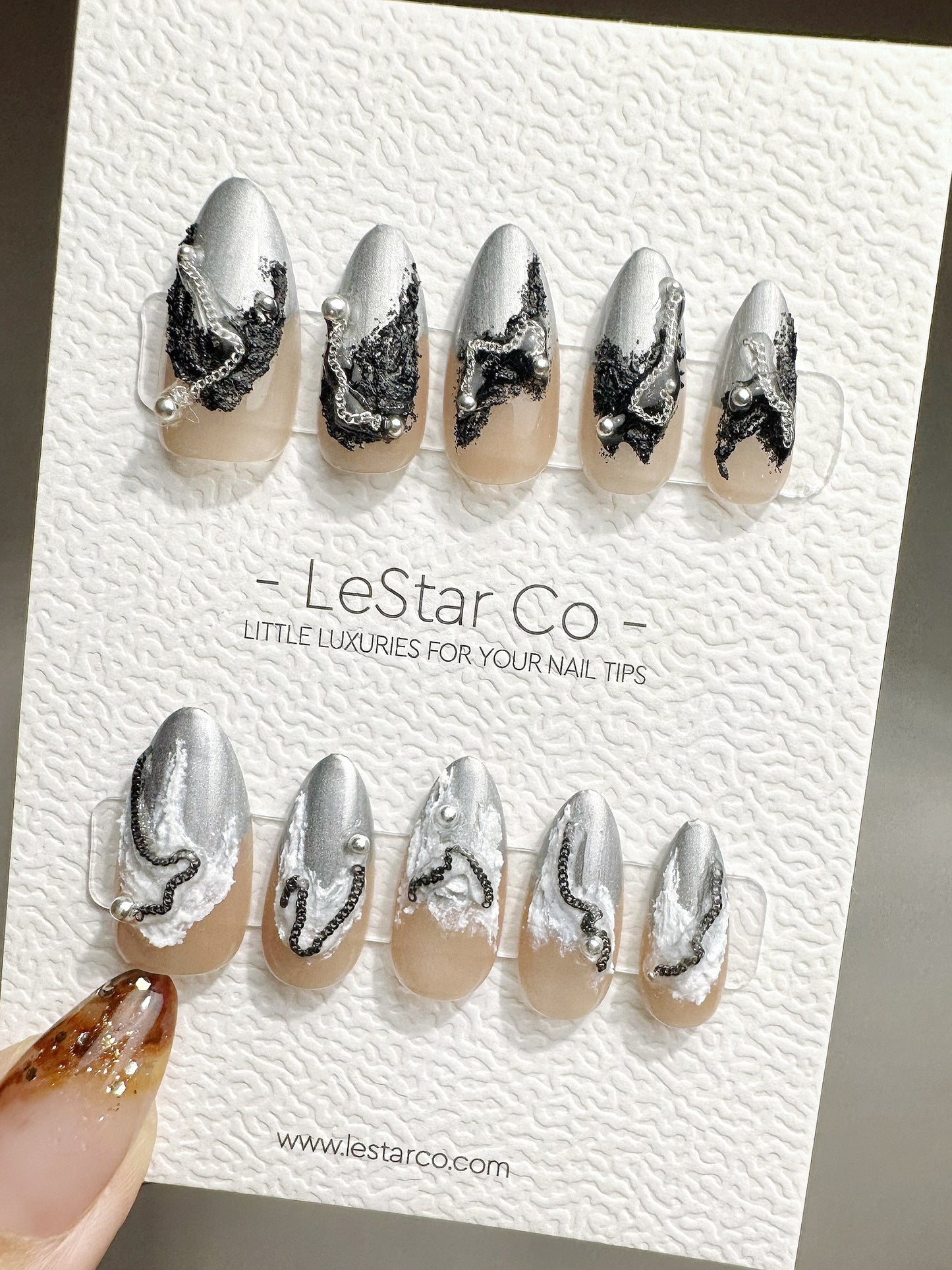 Reusable Silver Serenity | Premium Press on Nails Gel | Fake Nails | Cute Fun Colorful Gel Nail Artist faux nails QN465